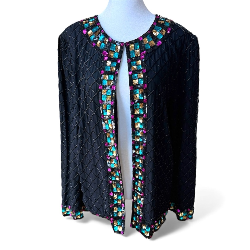 Vintage Royal Feelings Black Silk Beaded Sequin Jacket Jewel Tones Size Medium